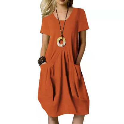 Vestido informal de algodón y lino con cuello redondo para mujer