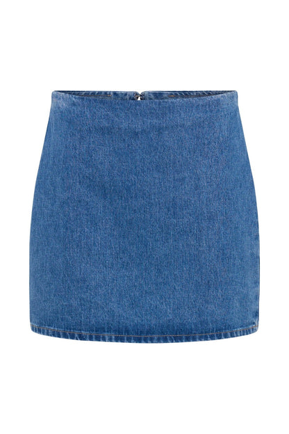 Women Fashion Lapel Short Sleeve Button Denim Top High Waist Skirt Two-Piece Set