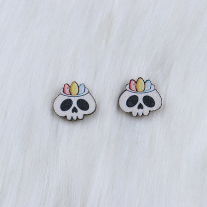 Halloween Women Fashion Wood Print Skull Earrings