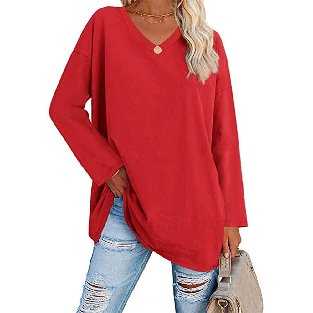 Women Casual Solid Color V-Neck Long Sleeve Blank T-Shirt