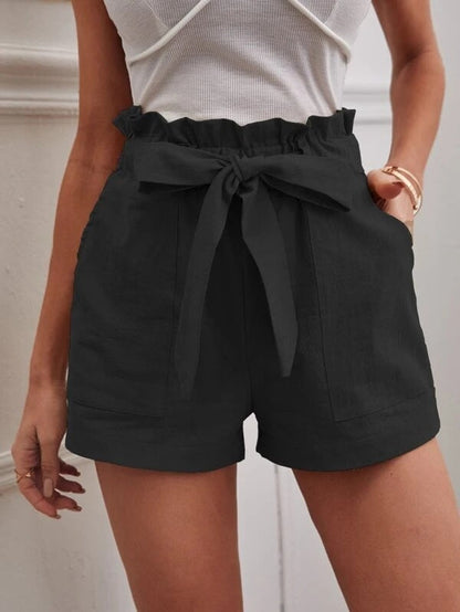 Pantalones cortos casuales de lino sueltos de cintura alta para mujer