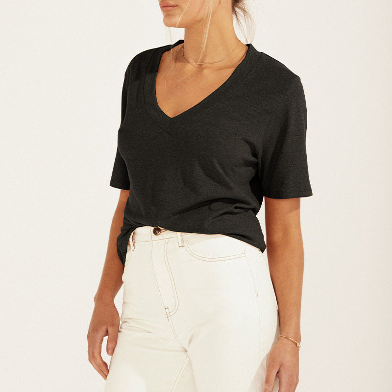 Women Casual Basic Short Sleeve V Neck Solid Color Blank T-Shirt