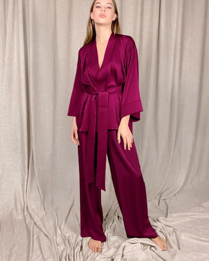 Women Solid Satin Long Sleeve Loose Lace-Up Pajamas Two Piece Set