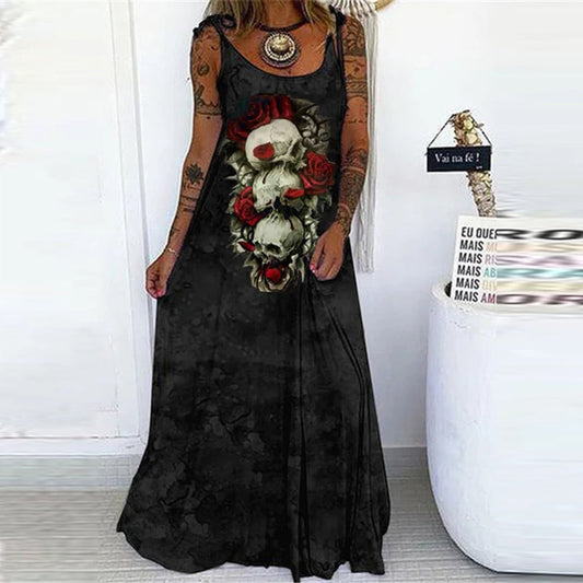 Casual Boho Style Women Halloween Skull Print Loose Maxi Dress