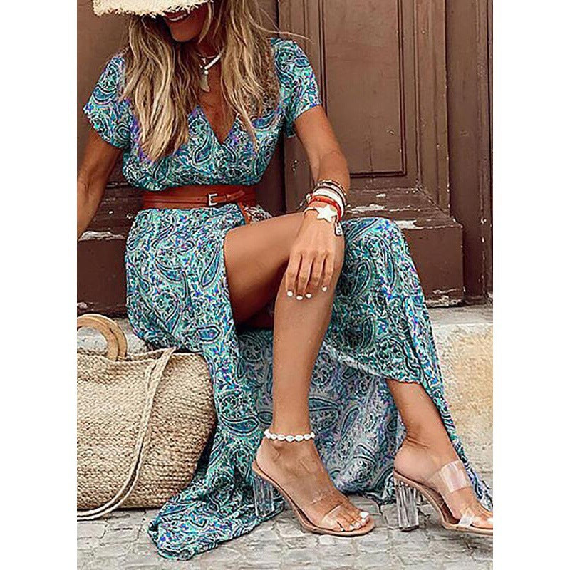 Women Fashion Bohemian V-Neck Tiny Flower Print Short Sleeve Maxi Dress