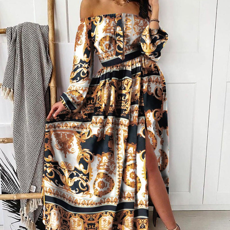 Women Fashion Boho Style Floral Printed Off-Shoulder Maxi Dress
