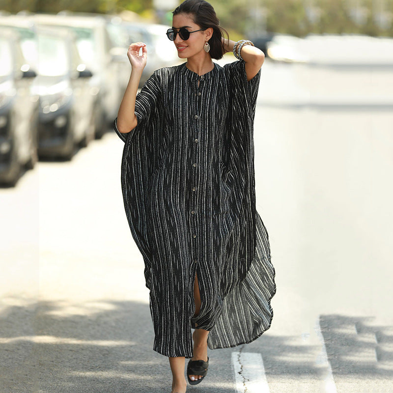 Women Fashion Summer Vacation Boho Style Leopard V Neck Loose Maxi Dress