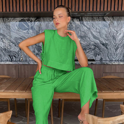 Conjunto de lino y algodón de color liso a la moda informal para mujer