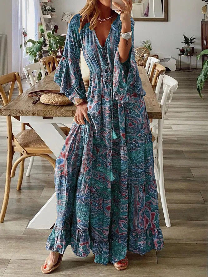 Women Fashion Casual Bohemian Tiny Flower Print V-Neck Horn Sleeve Maxi Dress