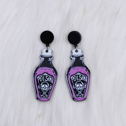 Pendientes exagerados de botella de veneno de esqueleto de Halloween con diseño acrílico