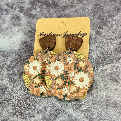 Boucles d'oreilles bohèmes rétro en bois avec coutures florales