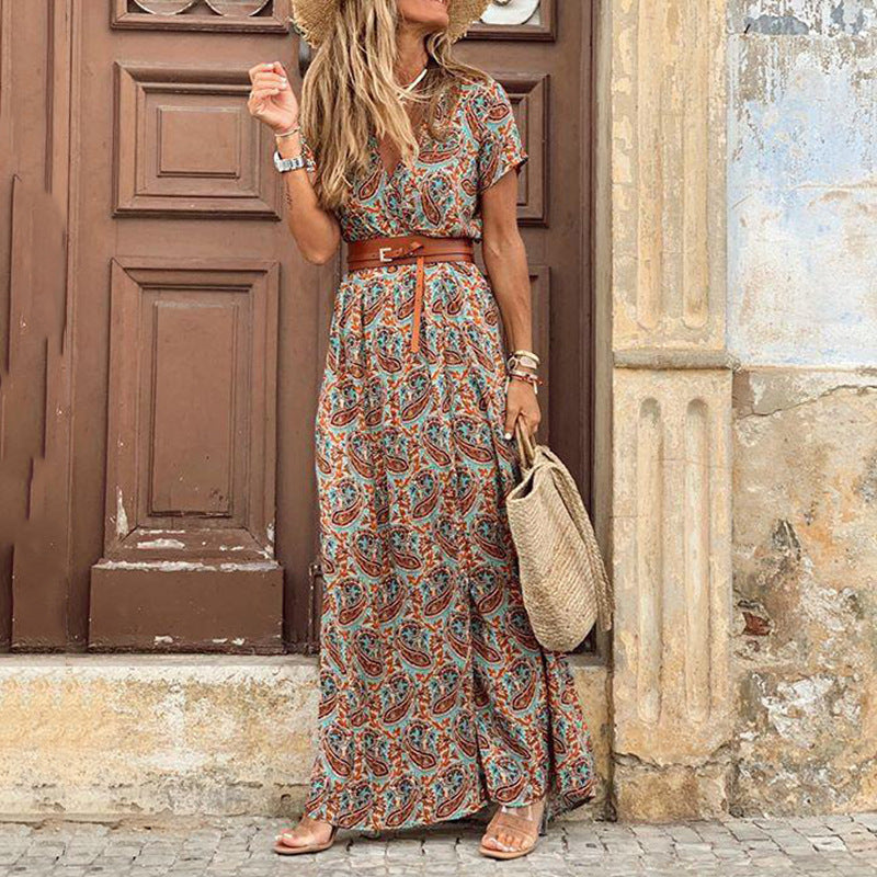 Women Fashion Bohemian V-Neck Tiny Flower Print Short Sleeve Maxi Dress
