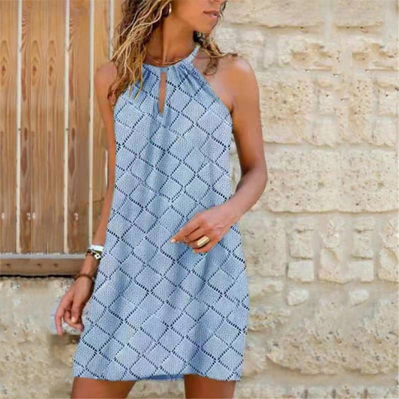 Vestido informal bohemio con estampado floral y cuello halter calado para mujer, talla grande