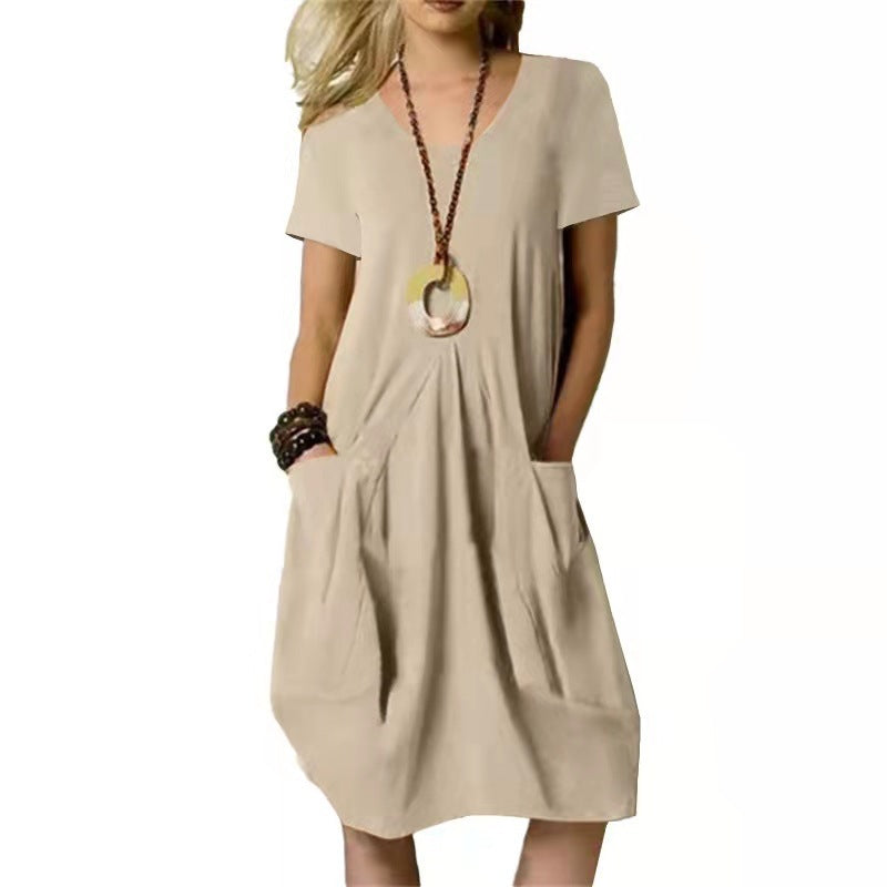 Vestido informal de algodón y lino con cuello redondo para mujer