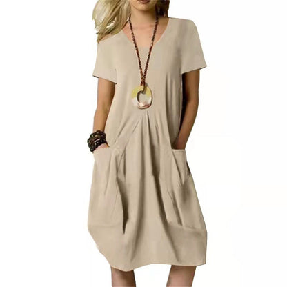 Vestido informal de algodón y lino con cuello redondo para mujer