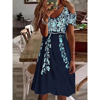 Vestido midi informal plisado con hombros descubiertos estilo bohemio para mujer