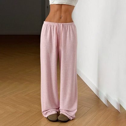Pantalones casuales de pierna ancha con cordones de color liso para mujer - Estilo cómodo de poliéster