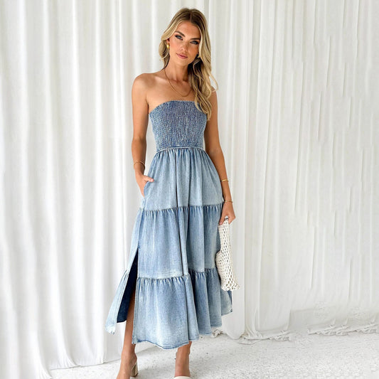 Women Fashion Sexy Pleated Stitching Tube Top Denim Dress