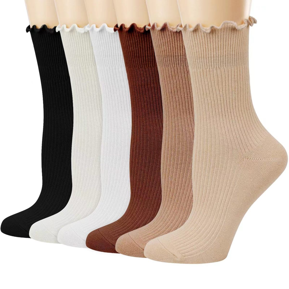 Calcetines casuales de algodón con borde rizado para mujer en colores lisos
