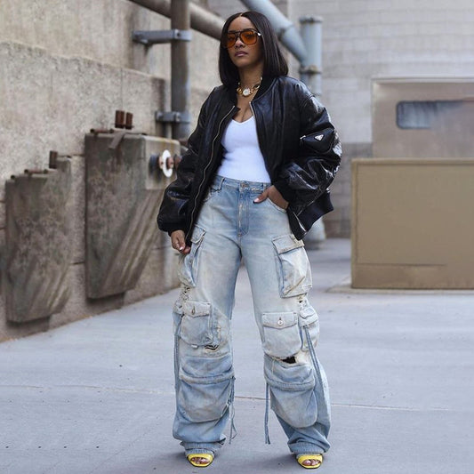 Jean décontracté taille haute multi-poches pour femme