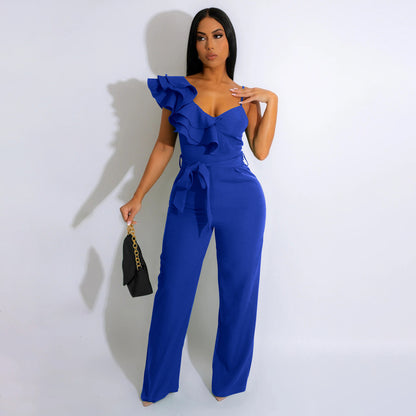 Women Fashion Solid Color V-Neck Ruffled Jumpsuits