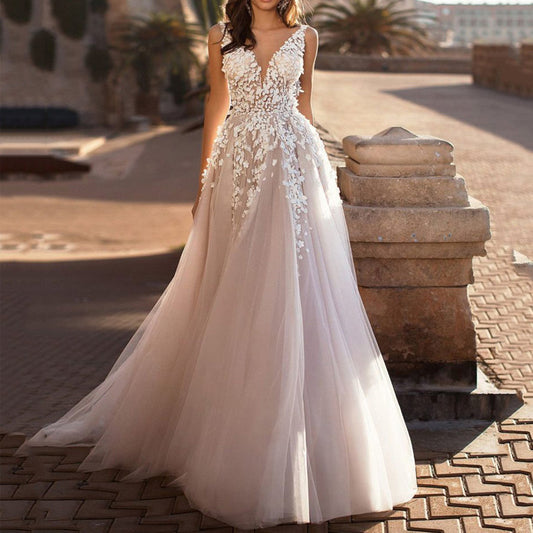 Women Fashion Sexy Elegant Lace Embroidered Deep V-Neck Sleeveless Party Dress