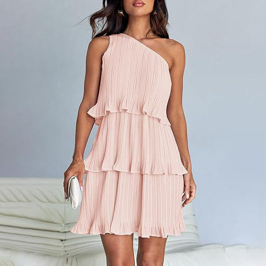 Women Fashion Sexy Solid Color Spliced Ruffled Dress