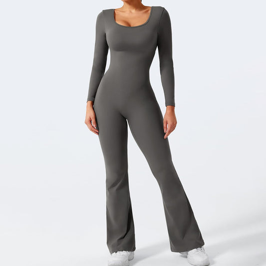 Women Fashion Casual Solid Color Square Neck Long-Sleeve Backless Jumpsuits