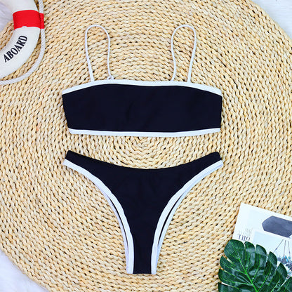 Traje de baño bikini sexy sencillo con bloques de color blanco y negro para mujer