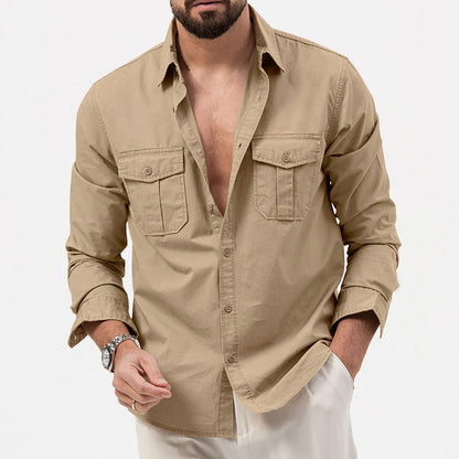 Men's Fashion Casual Solid Color Long Sleeve Lapel Shirt
