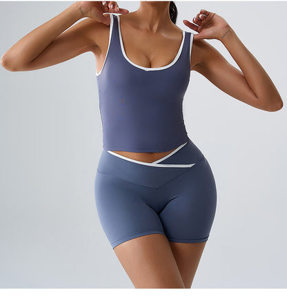 Ensemble deux pièces décontracté pour femme, débardeur contrasté et short taille haute - Yoga dos nu