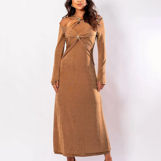 Women Fashion Sexy Solid Color Hollow-Out Long-Sleeve Dress