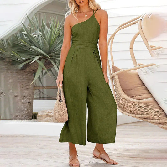 Women Fashion Casual Solid Color Cotton Linen Jumpsuit
