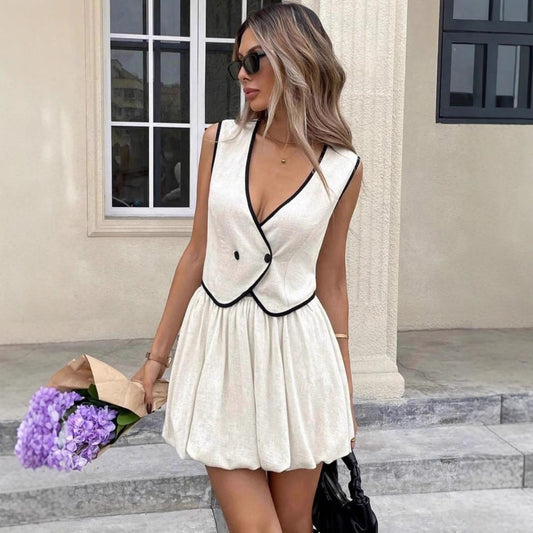 Conjunto elegante de camiseta sin mangas con bloques de color y falda plisada para mujer