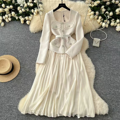 Women Fashion Elegant Stitching Square Neck Long-Sleeve Dress