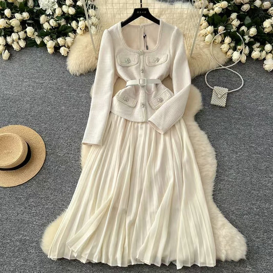 Women Fashion Elegant Stitching Square Neck Long-Sleeve Dress