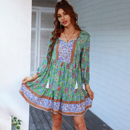 Women Casual Vacation Printed V-Neck Long-Sleeve Dress