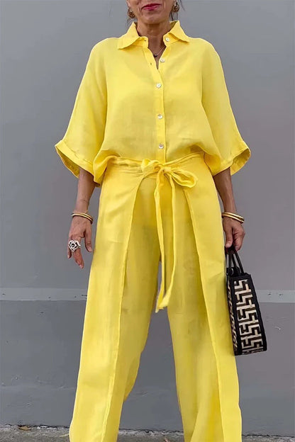 Women Fashion Casual Cotton Linen Laple Top Pants Set