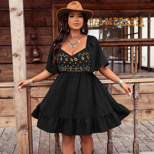 Vestido informal elegante con bordado y cuello en V y manga corta para mujer