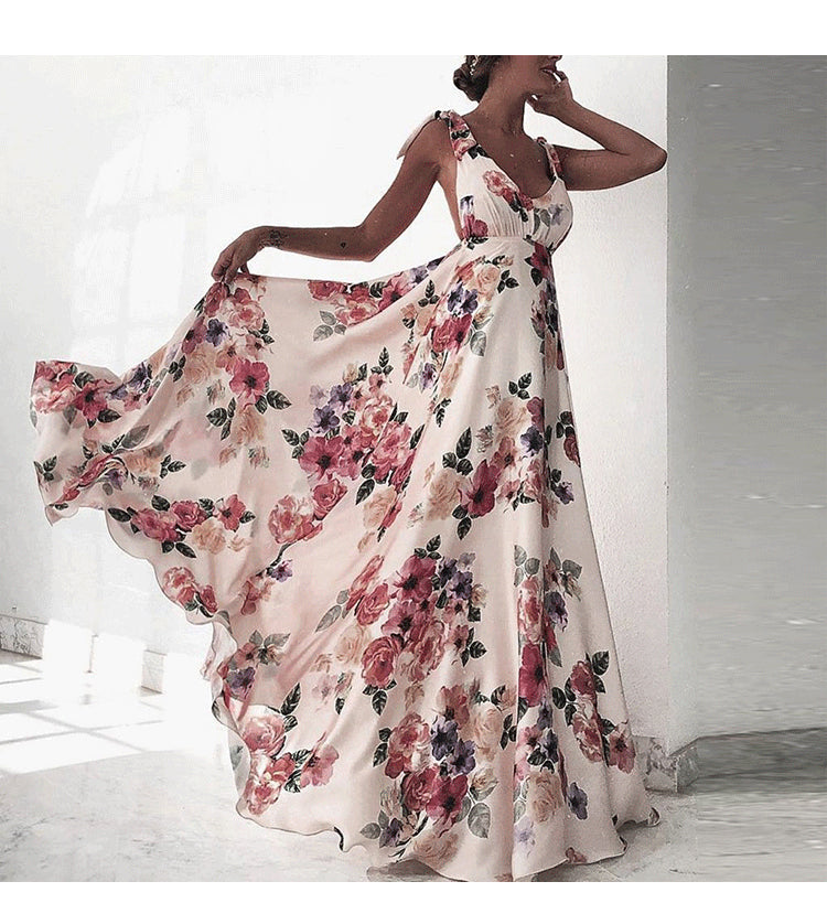 Elegante vestido sin mangas con cuello en V y estampado floral para mujer