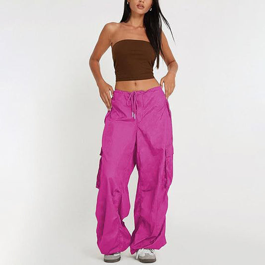Pantalon décontracté à cordon de serrage et poches amples pour femme, couleur unie