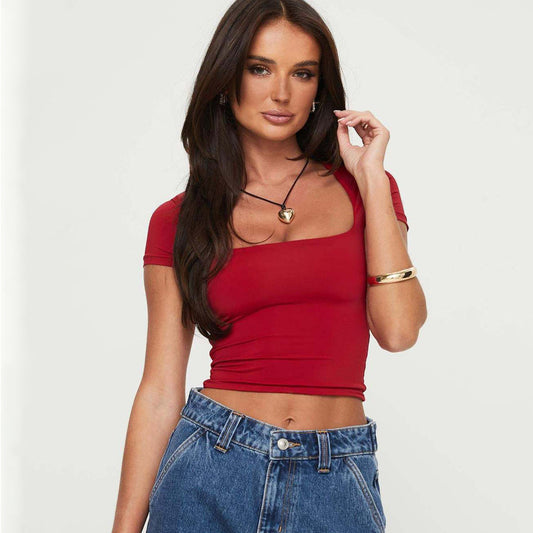 Women Fashion Sexy Solid Color Short-Sleeved Slim-Fit Crop Top