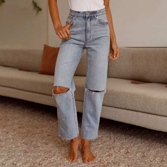 Jean déchiré taille haute droit décontracté pour femme