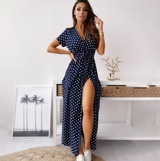 Women Fashion Casual Dot Printed V-Neck Dress