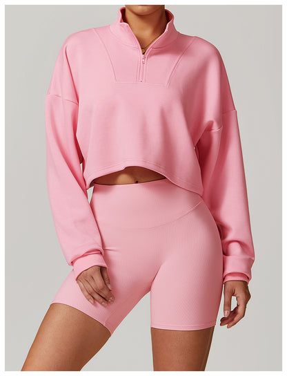 Sweat-shirt décontracté à col montant et couleur unie pour femme