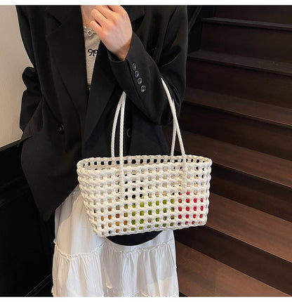 Bolso de mano informal de cesta de verduras tejida en color liso para mujer