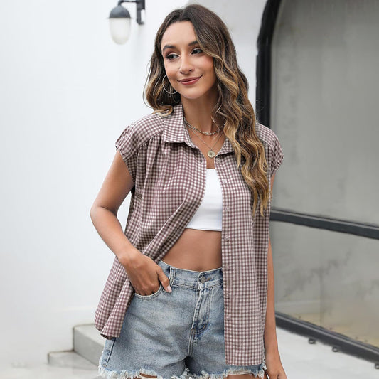 Blusa informal de manga corta a cuadros para mujer, con solapa, material: algodón y poliéster.