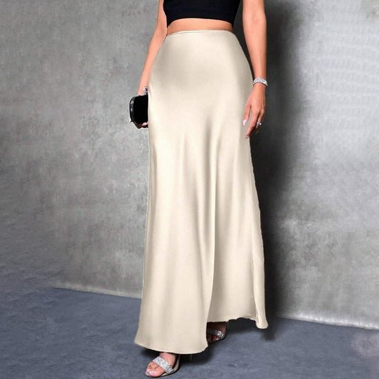 Women Fashion Casual Solid Color Satin Skirt