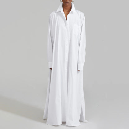 Vestido camisero informal de manga larga con solapa y abertura en color liso para mujer