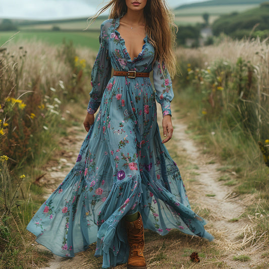 Women Retro Casual Boho Floral Printed V-Neck Long-Sleeve Dress